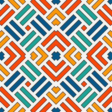 Hasır, kusursuz desen. Sepet dokuma motifi. Üst üste binen çizgili parlak renkler geometrik soyut arkaplan.