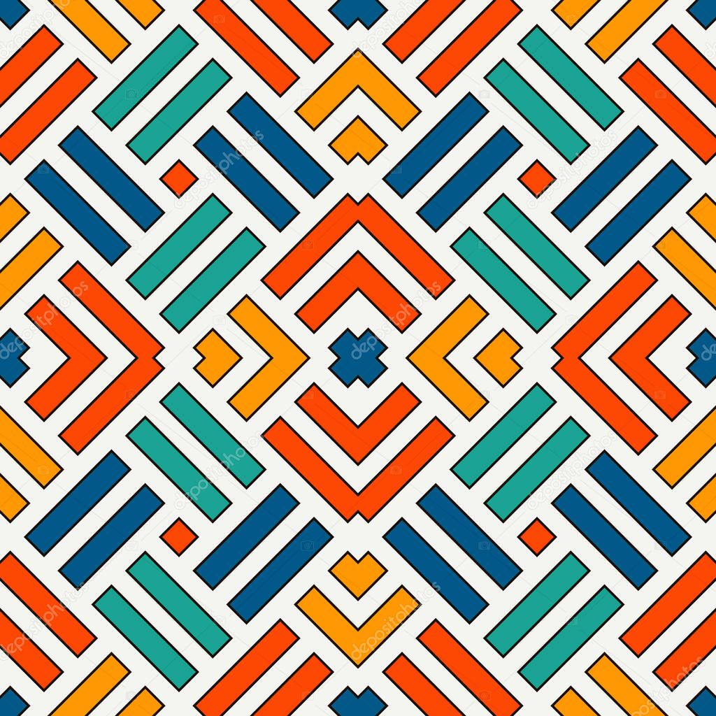 Wicker seamless pattern. Basket weave motif. Bright colors geometric abstract background with overlapping stripes.