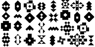 Etnik simgeler koleksiyonu. İşaretler yerleştirildi. Kabile şekilleri. Halk figürleri. Geometrik form kiti. Geometrik semboller. Tasarım unsurları, sosyal medya hikayeleri, bloglar, marka kimliği. Vektörler paket halinde