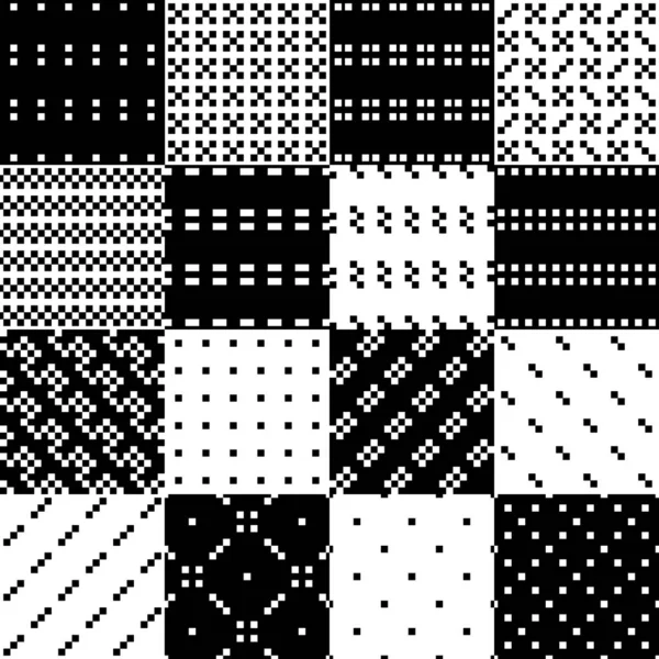 Checks, squares, bars, rectangles, crosses seamless patterns collection. Ethnic ornaments set. Folk prints. Tribal wallpapers kit. Geometrical backgrounds. Retro motif. Abstract images. Vectors bundle