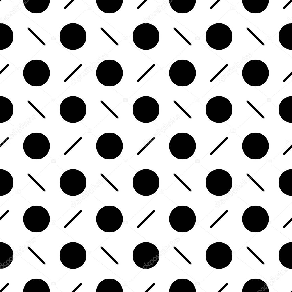 Circles, diagonal strokes seamless pattern. Dots, dashes print. Dot shapes, lines ornament. Circular, linear figures wallpaper. Rounds, stripes background. Dotted, dashed backdrop. Abstract vector.