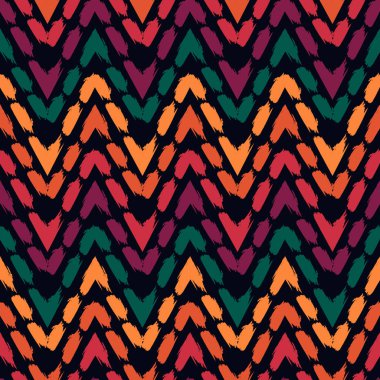 Etnik, pürüzsüz bir model. Freehand yatay zigzag sembolü çizgileri. Boho şık tasarım arka planı. Yerli, kabile tarzı duvar kağıdı. Fırça darbeleri, el çizimi geometrik süsler. Vektör soyut
