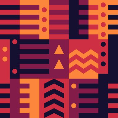 Geometrik dikişsiz desen. Bauhaus tarzı arka plan. Modüler ızgara baskısı. Çizgi, çizgi, ok, daire, dikdörtgen, blok süsü. Moda çağdaş jeo duvar kağıdı. Modern soyut vektör tasarımı