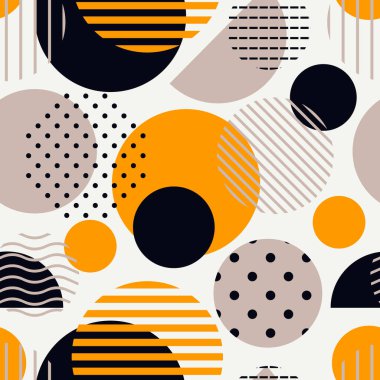 Circle, polka dot, stripe seamless pattern. Mixed texture irregular chaotic shapes print. Modern memphis stile geometric background. Bold trendy contemporary geo wallpaper. Abstract vector ornament clipart