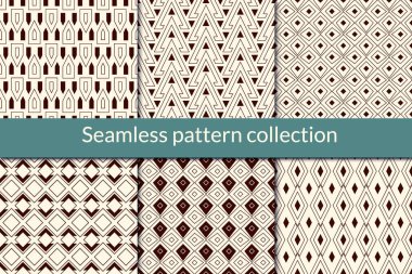 Geometrik dikişsiz desen koleksiyonu. Coğrafi tasarım arka plan seti. Halk motifi yüzey parmak izi kiti. Etnik stil, boho şıklığı. Tüm süsler kumaş paletine eklendi