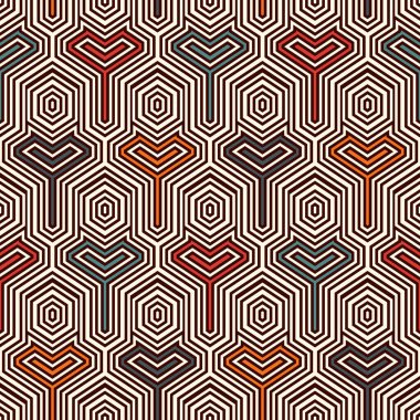 Etnik, pürüzsüz yüzey deseni. Birbirine kenetlenmiş geometrik şekiller. Kabile duvar kâğıdı. Amerikan yerlileri soyut arkaplan süslemeleri. Coğrafi dijital kağıt, tekstil baskısı. Vektör sanatı