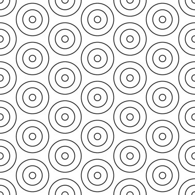 Tekrarlanan küçük ve büyük siyah daireler. Dairesel süslemeli kusursuz yüzey desenli tasarım. Çember duvar kağıdı. Yuvarlak motif. Küre görüntüsü. Yüzüklü dijital kağıt. Klasik biçim vektör sanatı
