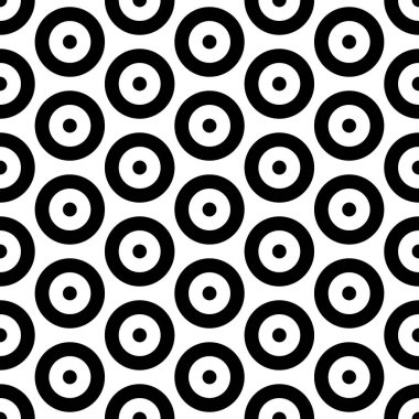 Tekrarlanan küçük ve büyük siyah daireler. Dairesel süslemeli kusursuz yüzey desenli tasarım. Çember ve noktalar duvar kağıdı. Yuvarlak motif. Küre görüntüsü. Yüzüklü dijital kağıt. Klasik stil
