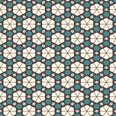 Mozaik model. Kaleyoskop süsü. Tekrarlanan geometrik şekiller, yıldız motifi. Kusursuz yüzey tasarımı. Etnik duvar kağıdı. Coğrafi soyut arkaplan. Dijital kağıt, tekstil baskısı. Vektör sanatı