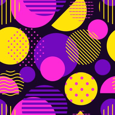 Çember, benekli, çizgili, pürüzsüz desen. Karışık doku düzensiz şekiller. Modern Memphis stil geometrik arka planı. Cesur, çağdaş jeo duvar kâğıdı. Soyut vektör süsü