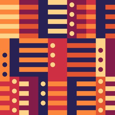 Geometrik dikişsiz desen. Bauhaus tarzı arka plan. Modüler ızgara baskısı. Düz çizgi, çizgi, daire, dikdörtgen, blok süsü. Moda çağdaş jeo duvar kağıdı. Modern soyut vektör tasarımı