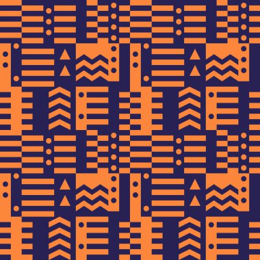 Geometrik dikişsiz desen. Bauhaus tarzı arka plan. Modüler ızgara baskısı. Çizgi, çizgi, ok, daire, dikdörtgen, blok süsü. Moda çağdaş jeo duvar kağıdı. Modern soyut vektör tasarımı