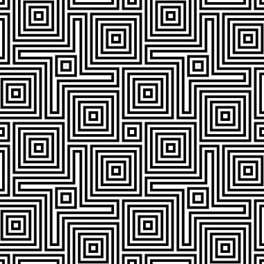 Duvar kağıdını bloklar. Tekrarlanan siyah figürler beyaz arkaplanda soyuttur. Çokgenli kusursuz yüzey dizaynı. Mozaik motifi. Sayfa dolguları için dijital kağıt, web tasarımı. Köpek dişi vektörü.