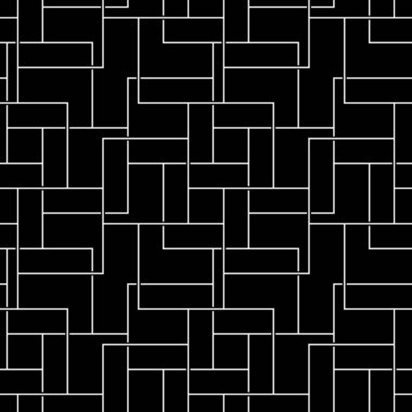 Modern parke vektörü. Beyaz arkaplanda siyah geometrik şekiller var. Çokgenli kusursuz yüzey dizaynı. Tekrarlanan bloklar soyut duvar kağıdı. Mozaik motifi. Dijital kağıt sanatı.