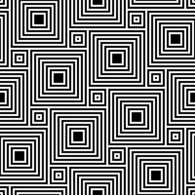 Pisagor fayansı. Döşeme süsü ile kusursuz yüzey desenli tasarım. Tesselasyon vektörünü kareler. Beyaz arka planda tekrarlanan siyah kontroller. Mozaik motifi. Parke duvar kağıdı. Dijital kağıt sanatı.