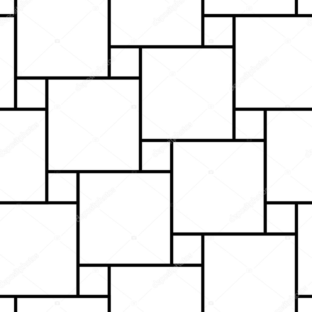 Pythagorean tiling. Seamless surface pattern design with flooring ornament. Squares tessellation vector. Repeated white checks on black background. Mosaic motif. Parquet wallpaper. Digital paper art.