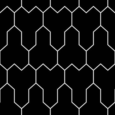 Beyaz arka planda tekrarlanan siyah yapboz. Mozaik süslemeli kusursuz yüzey dizaynı. Mantık oyunları motifi. Asma duvar kağıdı. Dijital kağıt, sayfa dolguları, web tasarımı, tekstil baskısı. Vektör.