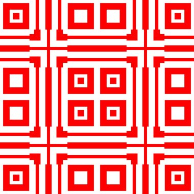 Beyaz arkaplanda kırmızı tekrarlanmış kare şekilleri. Dört köşeli duvar kağıdı. Simetrik dikdörtgen süslemeli kusursuz yüzey desenli tasarım. Geometrik motif. Baskı için dijital kağıt. Vektör sanatı