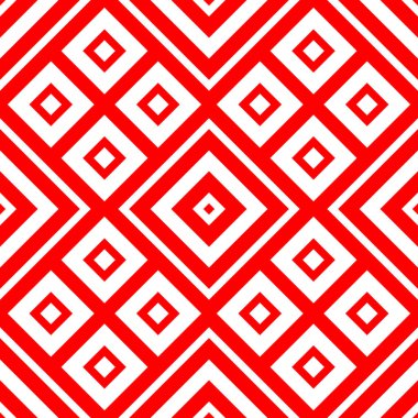 Beyaz arkaplanda kırmızı tekrarlanan stilize eşkenar dörtgenler. Elmaslar duvar kağıdı. Simetrik dörtgen süslemeli kusursuz yüzey desenli tasarım. Geometrik motif. Baskı için dijital kağıt. Vektör sanatı