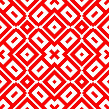 Beyaz zemin üzerinde kırmızı tekrarlanan geometrik şekiller. Simetrik eşkenar dörtgenleri, dikdörtgenleri ve çapraz süslemeleri olan kusursuz yüzey desenli tasarım. Poligonlar duvar kağıdı. Geometrik motif. Dijital kağıt.