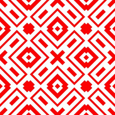 Beyaz zemin üzerinde kırmızı tekrarlanan geometrik şekiller. Simetrik eşkenar dörtgenleri, dikdörtgenleri ve çapraz süslemeleri olan kusursuz yüzey desenli tasarım. Poligonlar duvar kağıdı. Geometrik motif. Dijital kağıt.