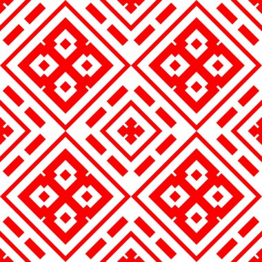 Beyaz zemin üzerinde kırmızı tekrarlanan geometrik şekiller. Simetrik eşkenar dörtgenleri, dikdörtgenleri ve çapraz süslemeleri olan kusursuz yüzey desenli tasarım. Poligonlar duvar kağıdı. Geometrik motif. Dijital kağıt.