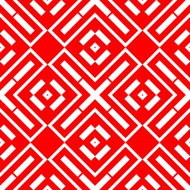 Kırmızı zemin üzerinde beyaz tekrarlanan geometrik şekiller. Simetrik eşkenar dörtgenleri, dikdörtgenleri ve çapraz süslemeleri olan kusursuz yüzey desenli tasarım. Poligonlar duvar kağıdı. Geometrik motif. Dijital kağıt.
