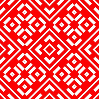 Kırmızı zemin üzerinde beyaz tekrarlanan geometrik şekiller. Simetrik eşkenar dörtgenleri, dikdörtgenleri ve çapraz süslemeleri olan kusursuz yüzey desenli tasarım. Poligonlar duvar kağıdı. Geometrik motif. Dijital kağıt.