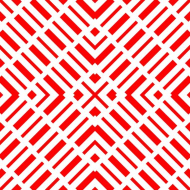 Beyaz zemin üzerinde tekrarlanan kırmızı geometrik şekiller. Simetrik dikdörtgenler ve parantez süslemeleri olan kusursuz yüzey desenli tasarım. Poligonlar duvar kağıdı. Çapraz kesik çizgiler motifi. Dijital kağıt