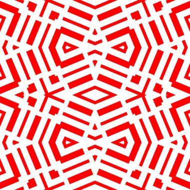 Beyaz zemin üzerinde kırmızı tekrarlanan geometrik şekiller. Üçgenler, dikdörtgenler ve parantez süslemeleri olan kusursuz yüzey desenli tasarım. Poligonlar duvar kağıdı. Geometrik motif. Dijital kağıt. Vektör sanatı