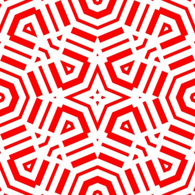 Beyaz zemin üzerinde kırmızı tekrarlanan geometrik şekiller. Yıldız, dikdörtgen ve üçgen süslemeli kusursuz yüzey dizaynı. Poligonlar duvar kağıdı. Geometrik motif. Dijital kağıt. Vektör sanatı