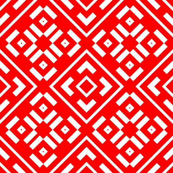 赤の背景に白が幾何学的図形を繰り返します 左右対称の菱形 長方形 装飾を横断するシームレスな表面パターンデザイン ポリゴン壁紙 幾何学的なモチーフ デジタルペーパー — ストックベクタ
