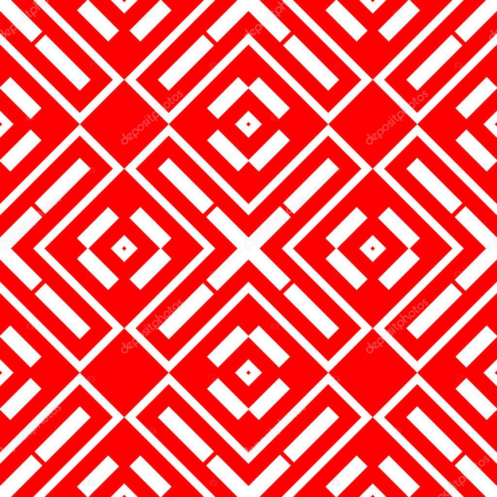 White repeated geometric figures on red background. Seamless surface pattern design with symmetrical rhombuses, rectangles and crosses ornament. Polygons wallpaper. Geometrical motif. Digital paper.