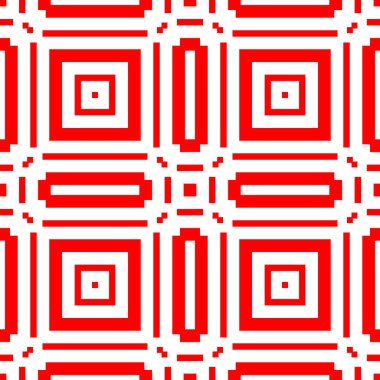 Beyaz arka planda kırmızı tekrarlanan figürler. Simetrik kareler, çizgiler ve dikdörtgenler ile kusursuz yüzey desenli tasarım. Poligonlar duvar kağıdı. Geometrik motif. Dijital kağıt. Vektör sanatı