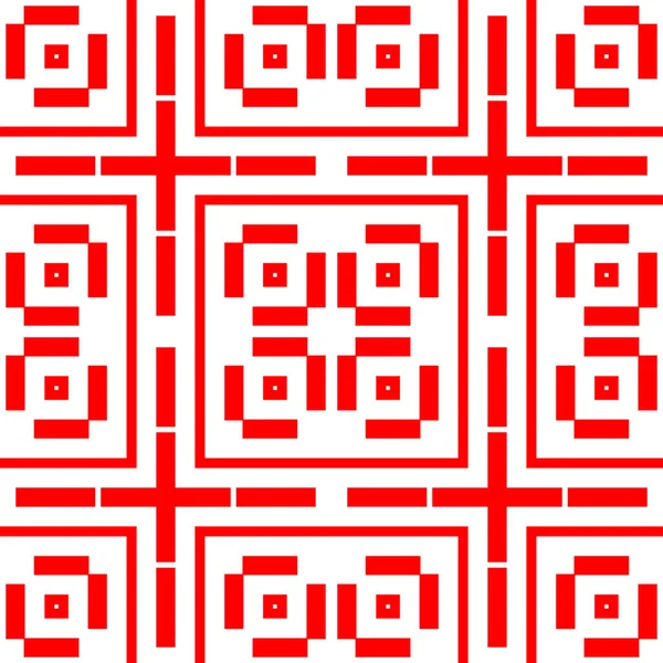 红色在白色背景上重复数字 采用对称正方形 矩形和交叉饰物的无缝面图案设计 多边形壁纸 几何的主题 数字纸 矢量艺术 — 图库矢量图片