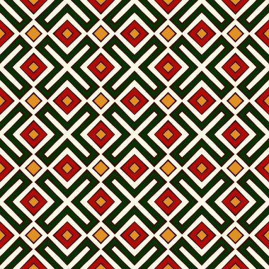 Geleneksel Noel renklerinde kusursuz desen. Etnik ve kabile motifi. Tekrarlanan geometrik formlar parlak süslemeli soyut arkaplan. Dijital kağıt, tekstil baskısı, sayfa doldurma. Vektör illüstrasyonu