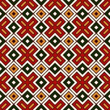 Geleneksel Noel renklerinde kusursuz desen. Etnik ve kabile motifi. Tekrarlanan geometrik formlar parlak süslemeli soyut arkaplan. Dijital kağıt, tekstil baskısı, sayfa doldurma. Vektör illüstrasyonu