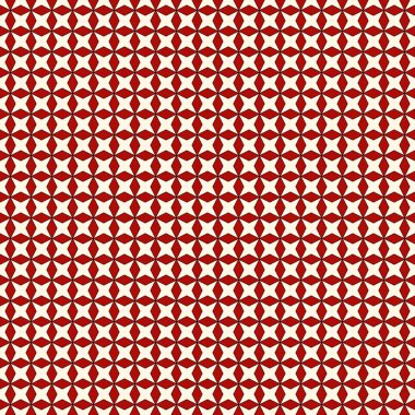 Kırmızı ve beyaz renkler, tekrarlayan yıldızların şekillendirildiği kusursuz desenler. Basit geometrik süs. Modern stil dokusu. Albüm defteri dijital kağıt, tekstil baskısı, sayfa doldurma. Vektör illüstrasyonu.