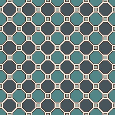 Tekrarlanan sekizgen boyalı cam mozaik soyut arka plan. Mavi renkli seramik fayanslar duvar kağıdı. Geometrik süslemeli kusursuz yüzey deseni. Dijital kağıt, tekstil baskısı, sayfa doldurma. Vektör sanatı