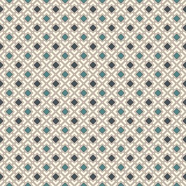 Tekrarlanan mavi elmas arka planı. Geometrik motif. Pastel renkli kare süslemeli kusursuz yüzey desenli tasarım. Grid dijital kağıt, tekstil baskısı, web tasarımı. Vektör sanatı.