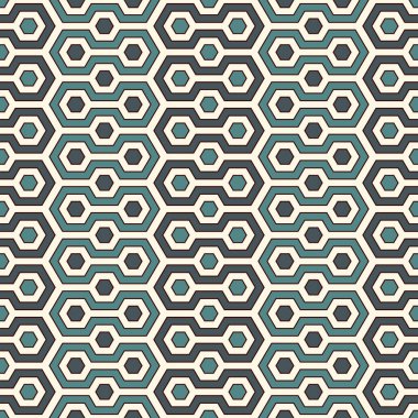 Bal peteği soyut arkaplan. Mavi renkler tekrarlanan altıgen fayanslar mozaik duvar kağıtları. Klasik geometrik süslemeli kusursuz yüzey deseni. Dijital kağıt, tekstil baskısı, sayfa doldurma. Vektör sanatı