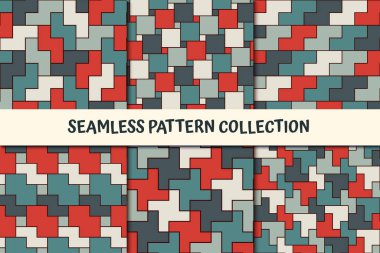 Geometrik dikişsiz desen koleksiyonu. Coğrafi tasarım arka plan seti. Parlak yapboz mozaik yüzey parmak izi kiti. Modern kamuflaj duvar kağıdı paketi. Tüm süsler kumaş paletine eklendi