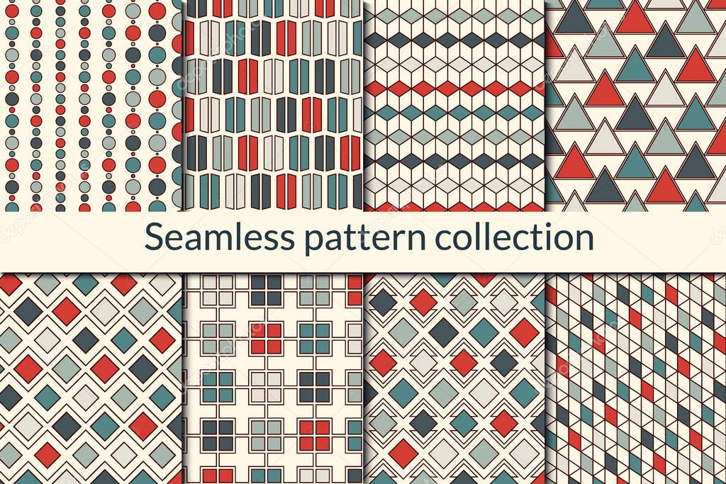 Geometric seamless pattern collection. Geo design background set. Circle, diamond, rhombus, triangle, square grid motif print kit. Abstract vector bundle. All ornaments were added in swatches palette