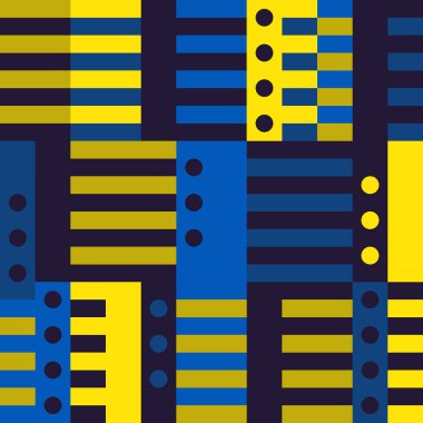 Geometrik dikişsiz desen. Bauhaus tarzı arka plan. Modüler ızgara baskısı. Düz çizgi, çizgi, daire, dikdörtgen, blok süsü. Moda çağdaş jeo duvar kağıdı. Modern soyut vektör tasarımı