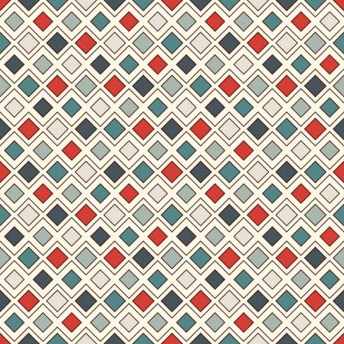 Tekrarlanan elmaslar ve satır arkaplanı. Geometrik motif. Retro renkler eşkenar dörtgen süslemeli kusursuz yüzey dizaynı. Grid dijital kağıt, tekstil baskısı, web tasarımı. Vektör sanatı.