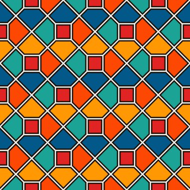 Tekrarlanan sekizgen boyalı cam mozaik soyut arka plan. Seramik karoların renkli duvar kağıtları. Geometrik süslemeli kusursuz yüzey deseni. Dijital kağıt, tekstil baskısı, sayfa doldurma. Vektör sanatı