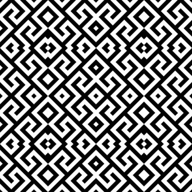 Etnik süslemelerle kusursuz desen. İşlemeli arka plan. Kabile duvar kâğıdı. Etnik halk imajı. Kabile motifi. Antik mozaik. Dijital kağıt, web tasarımı, tekstil baskısı, fon. Vektör sanatı.