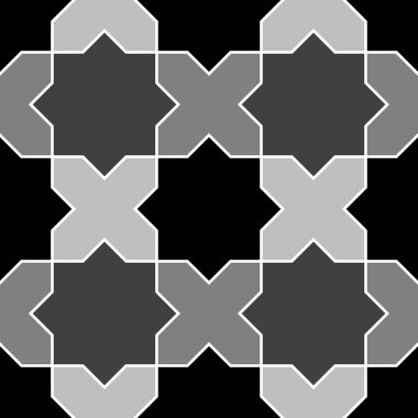 Fas yıldızlarıyla kusursuz yüzey desenli tasarım ve çapraz fayans süsü. Tekrarlanan geometrik şekillerle geleneksel doğu süslemeleri. Eski mozaik duvar kağıdı. Şebeke motifi. Dijital kağıt.