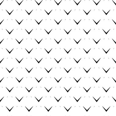 Beyaz arkaplanda tekrarlanan siyah açı parantezi. Kusursuz desen tasarımı. Chevonlar soyut sanat eserleri. Kıvrımlar süs. Ölçekli görüntü. Modern Japon deniz tarağı motifi. Squama görüntüsü. Art deco vektörü