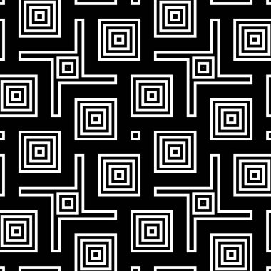 Duvar kağıdını bloklar. Tekrarlanan beyaz figürler siyah arkaplan üzerinde soyut. Çokgenli kusursuz yüzey dizaynı. Mozaik motifi. Sayfa dolguları için dijital kağıt, web tasarımı. Köpek dişi vektörü.